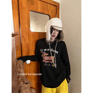 T恤25792 韩货趣味腊肠狗字母印花内里抓绒宽松圆领长袖 FISH