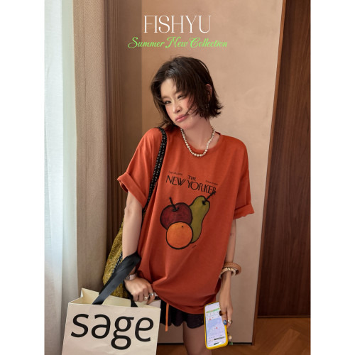 FISH YU -术感手绘水果+手工串珠设计宽松大版圆领短袖T恤26232