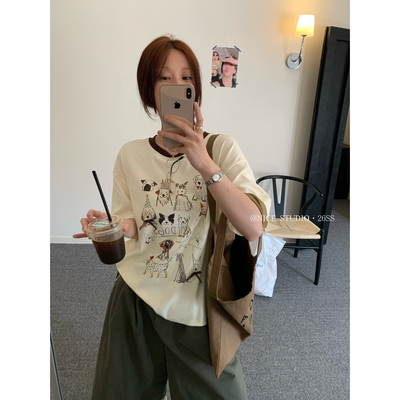 奶思家NICE STUDIO-撞色领简笔狗狗印花短袖T恤w63803