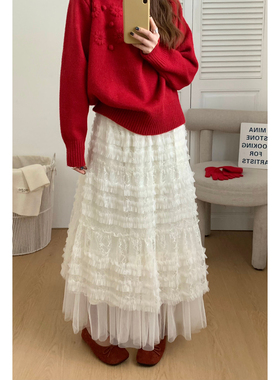 ING-蕾丝花边拼接网纱裙女秋冬新款蓬蓬加绒仙女蛋糕半身裙16936