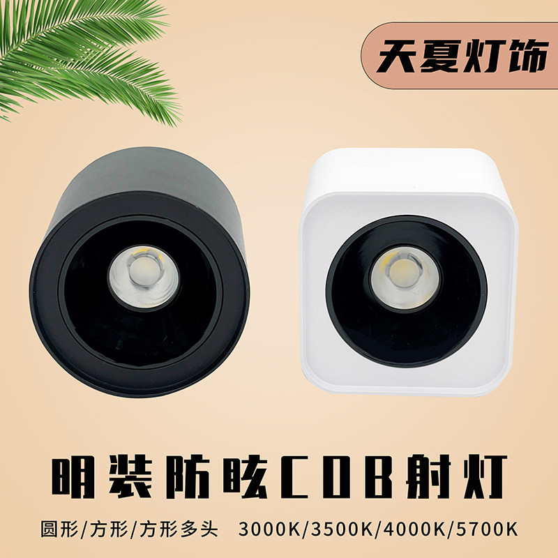明装客厅无主灯防眩方形盒子斗胆灯吸顶射筒灯cob聚光led格栅射灯