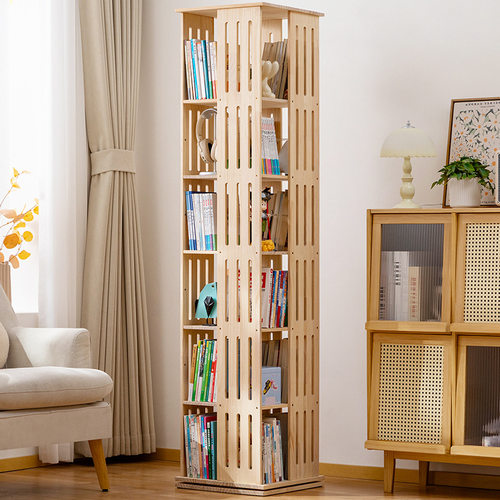 旋转书架360度书柜实木落地客厅