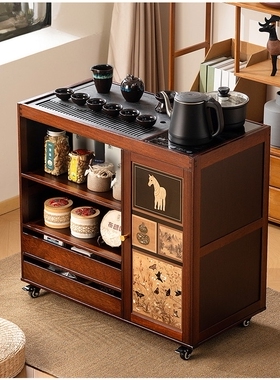 移动茶桌茶台家用实木小茶车客厅茶几沙发边几柜茶具盘烧水壶一体