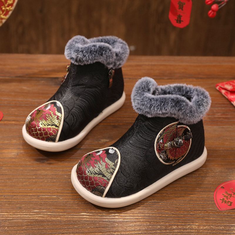 男童汉服鞋冬古风宝宝手工短靴加厚加绒绣花棉鞋儿童古装演出靴子