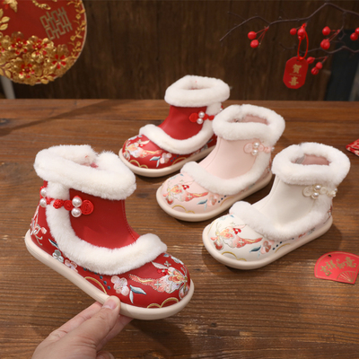 儿童古装鞋冬民族风皮面防水靴子古风绣花唐装表演加绒棉鞋汉服鞋