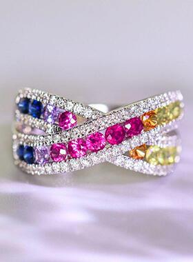 轻奢新款彩虹指环 交叉设计轻奢创意戒指 几何圆形热卖戒