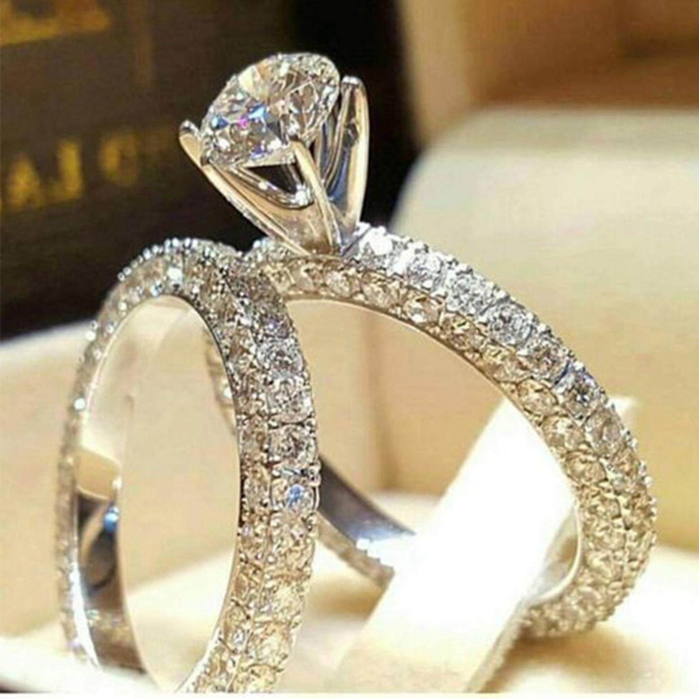 轻奢热卖满钻圆形仿真钻石套戒女 ebay新款订婚戒指 婚庆纪念指环