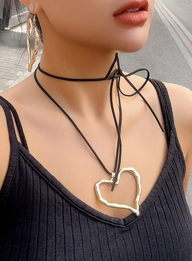 欧美夸张辣妹金属爱心项链 简约可调节绒布蜡线necklace饰品