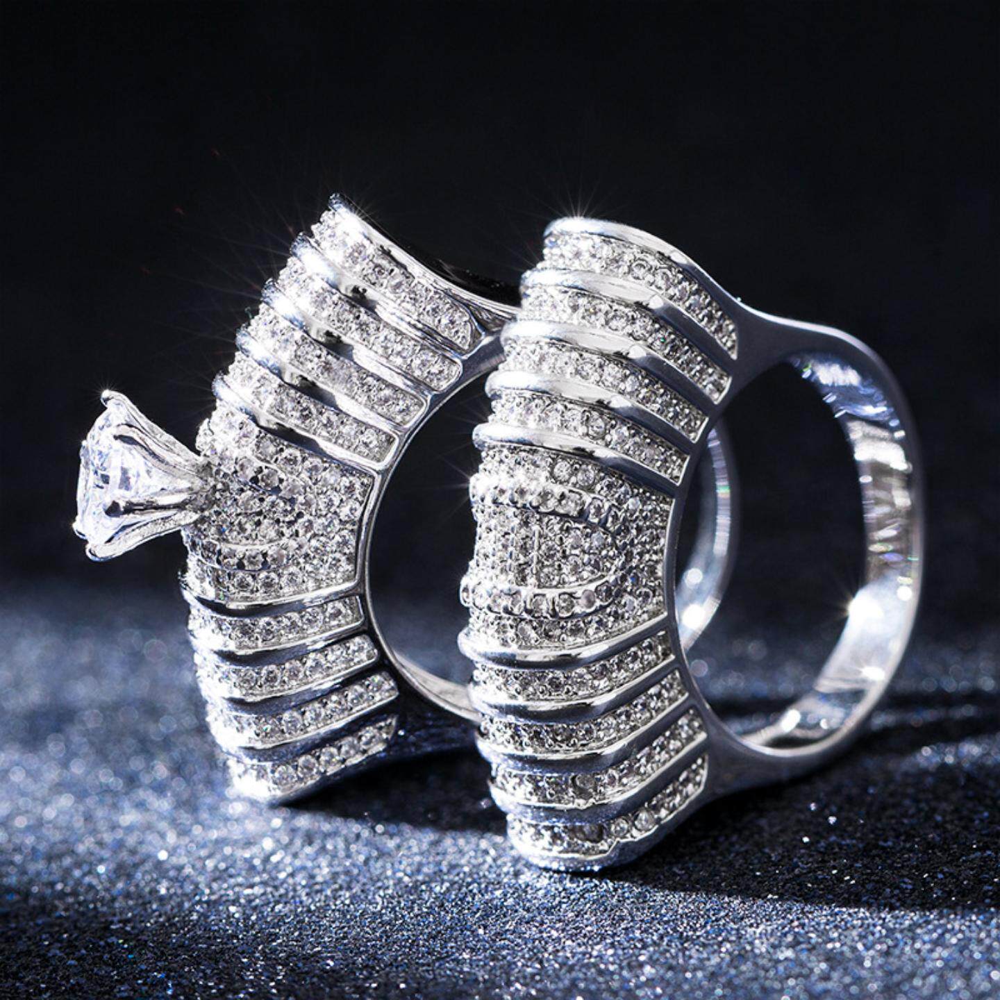 厂直销新品 欧美奢华双层套戒 爆品锆石镂空镀爆款手饰戒指女