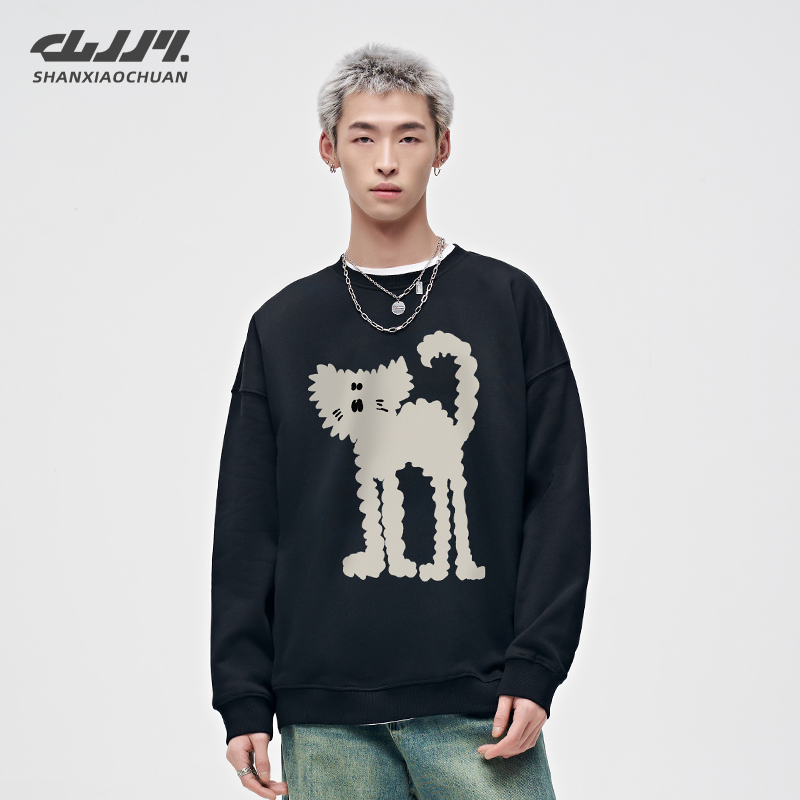 山小川小猫圆领卫衣男秋冬款加绒美式潮牌情侣长袖无帽上衣外套