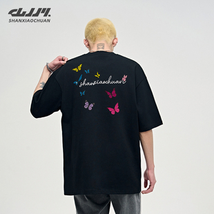 T恤衫 山小川潮牌街头手绘蝴蝶纯棉短袖 重磅情侣半袖 美式 男女夏季
