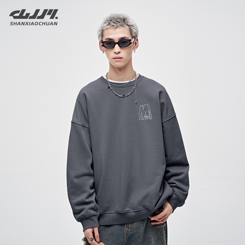 山小川圆领卫衣男款秋冬季潮牌宽松无帽重磅潮流上衣加绒加厚外套