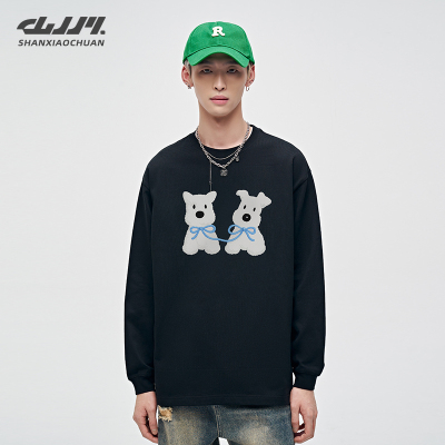 山小川重磅纯棉长袖t恤男生秋季小狗印花圆领打底衫宽松情侣内搭