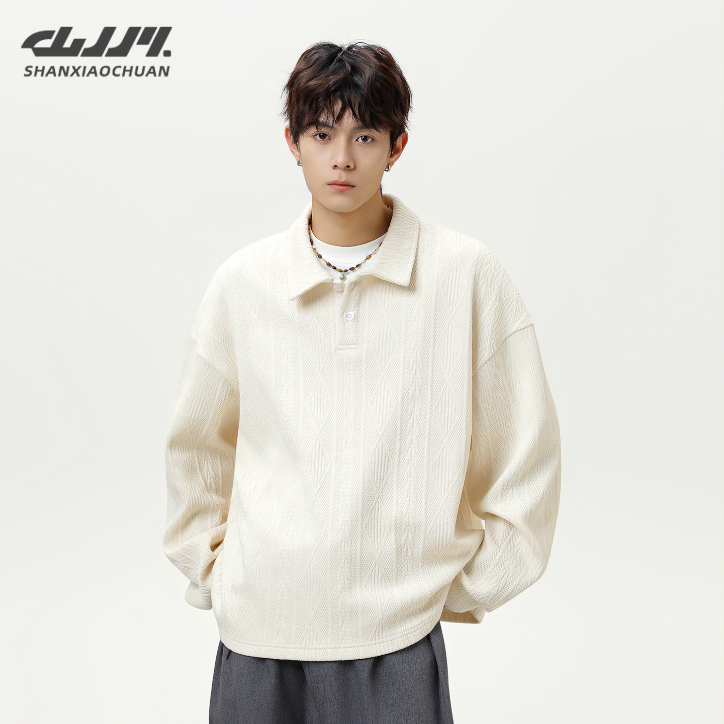 山小川麦穗纹polo领卫衣男秋冬新款潮牌长袖美式宽松翻领休闲外套