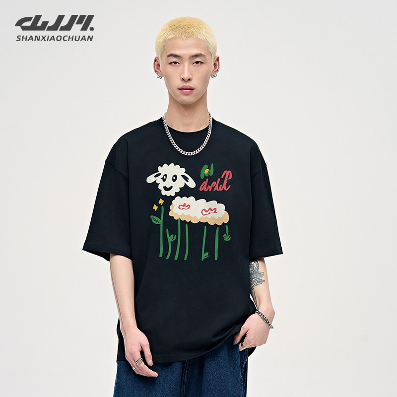 山小川潮牌短袖T恤男夏季纯棉小羊印花宽松上衣男生情侣半袖体恤