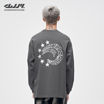 山小川潮牌美式长袖t恤男重磅纯棉春秋季宽松上衣男生圆领打底衫