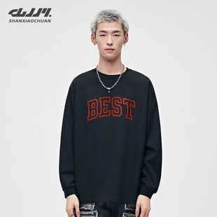 T恤男美式 字母印花纯棉长袖 男生宽松街头上衣 个性 山小川潮牌秋季