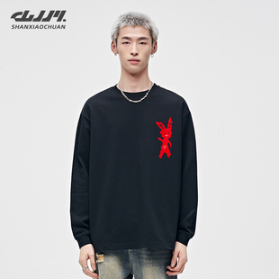 山小川潮牌260g重磅纯棉t恤男长袖 男 春秋圆领兔子印花内搭打底衫