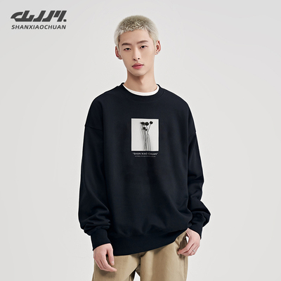 山小川美式花朵冬季卫衣加绒男生圆领加厚套头宽松内搭长袖打底衫