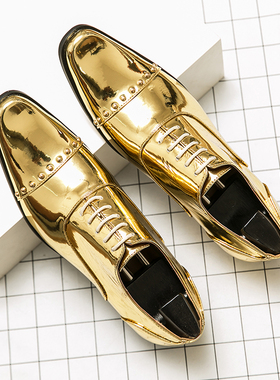 爆款切尔西靴尖头金色男鞋蓝色妖姬休闲皮鞋网红皮小浪同款黄金鞋