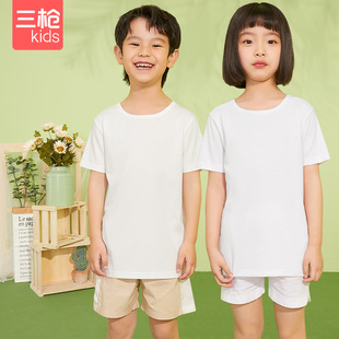 三枪儿童纯棉白色短袖蓝色少儿男女童学生A类莱卡弹力圆领短袖T恤