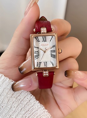 聚利时正品简约方形小巧超薄红色复古小众时尚学生女士手女表
