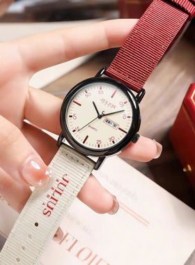 Julius聚利时手表女学生简约石英红色帆布带腕表高中生中性表日历