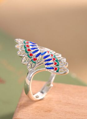 足银990民族风烧蓝凤尾戒指开口时尚文艺女士指环食指戒 可调节