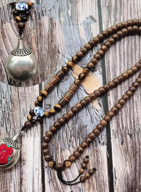 原创民族风鸡翅木佛珠项链 女士长款复古木珠苗银吊坠毛衣链饰品