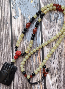 民族原创无事牌天然羊角黑曜石佛珠项链 男士女士长款毛衣链 饰品
