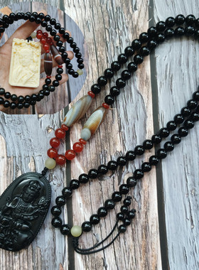 无事牌本命佛菩萨黑曜石玛瑙天珠佛珠项链 男女长佛珠毛衣链饰品