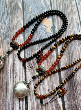 原创设计民族风苗银吊坠天然黑曜石虎眼石佛珠项链女士长款毛衣链