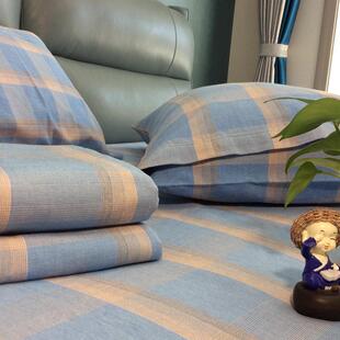 精品 粗布床单纯棉单件100全棉双人精梳棉复古格子加厚被单三件套