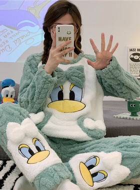 睡衣女冬季法兰绒加厚加绒2025年新款珊瑚绒绿色鸭秋冬保暖家居服