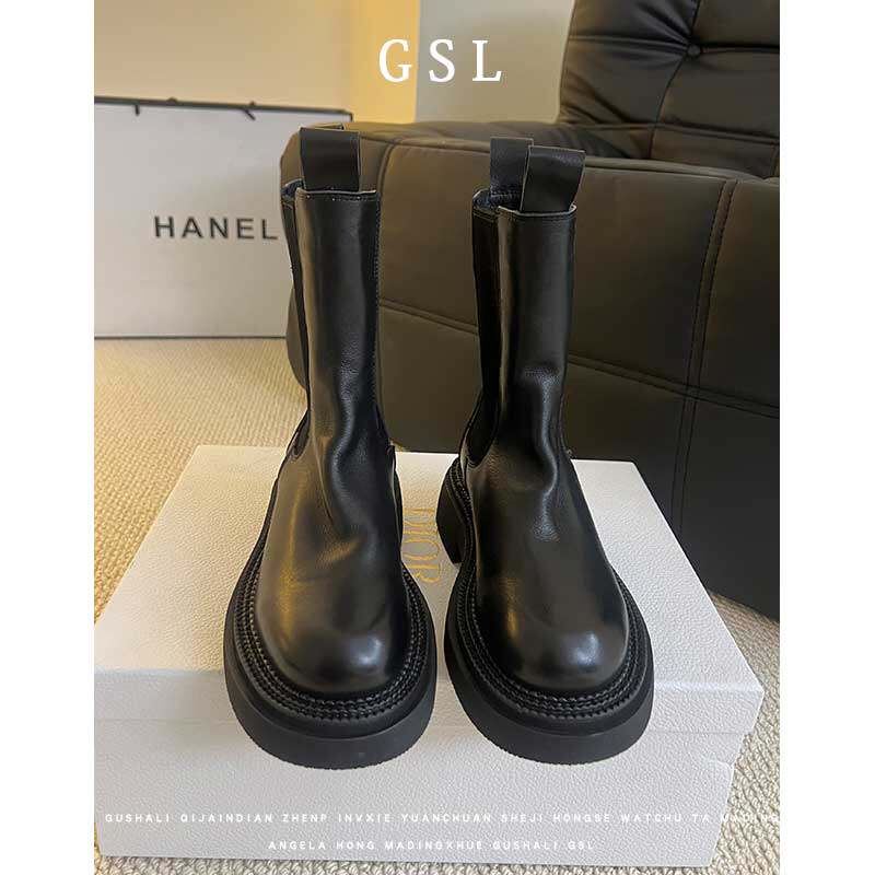 水洗软牛皮中筒烟筒靴图片