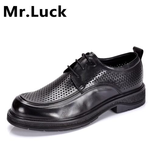 Mr.luck真皮男鞋头层牛皮商务皮鞋系带休闲镂空透气舒适正装凉鞋