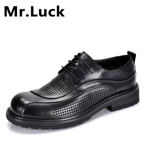 Mr.luck真皮男鞋头层牛皮镂空凉鞋商务正装鞋系带透气休闲洞洞鞋
