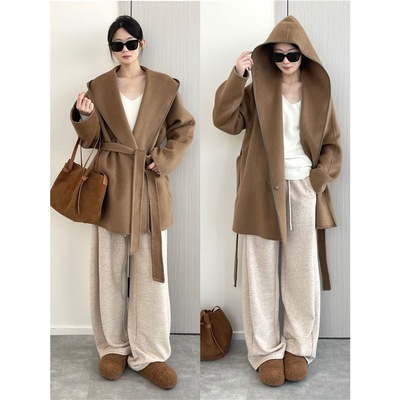 M家轻奢！70支100绵羊毛 经典浴袍式连帽拼皮手缝双面呢大衣外套