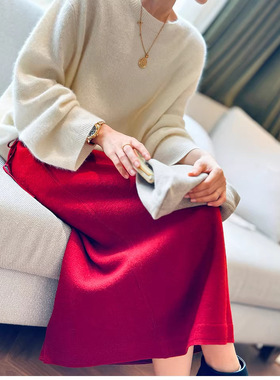 年会战袍【马年跨年裙】点亮秋冬圣诞BI备！红色系带圈圈羊毛半裙