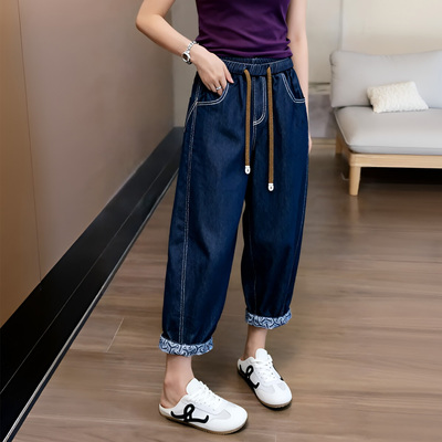 夏季大码高腰显瘦阔腿九分牛仔裤