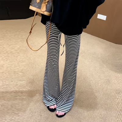 复古条纹抽绳微喇裤垂感高腰修身