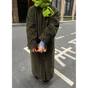 小众表妹 复古灯芯绒长款棉服大衣夹棉保暖