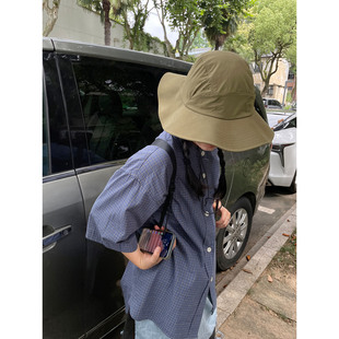 小众表妹 日系复古蓝色细格子立领短袖衬衫女工装休闲上衣
