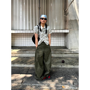 小众表妹 日系工装复古砂洗湾刀裤女巨显高宽松直筒显瘦百搭做旧
