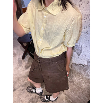 小众表妹 超嫩的黄色泡泡袖衬衫