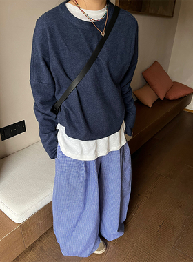 小众表妹超爱穿的随性又时髦松弛感休闲裤蓝色格子裤