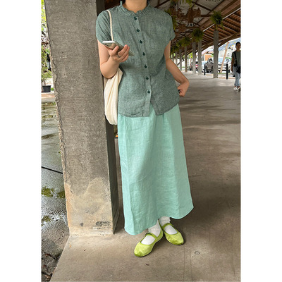 亚麻衬衫无袖表妹显瘦格子休闲