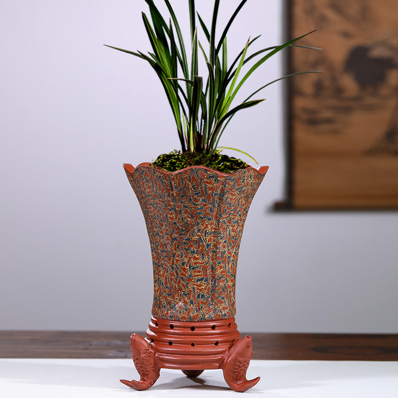 紫砂花盆兰花盆个性紫砂盆手工绞泥精品蕙兰墨兰建兰花盆室内阳台
