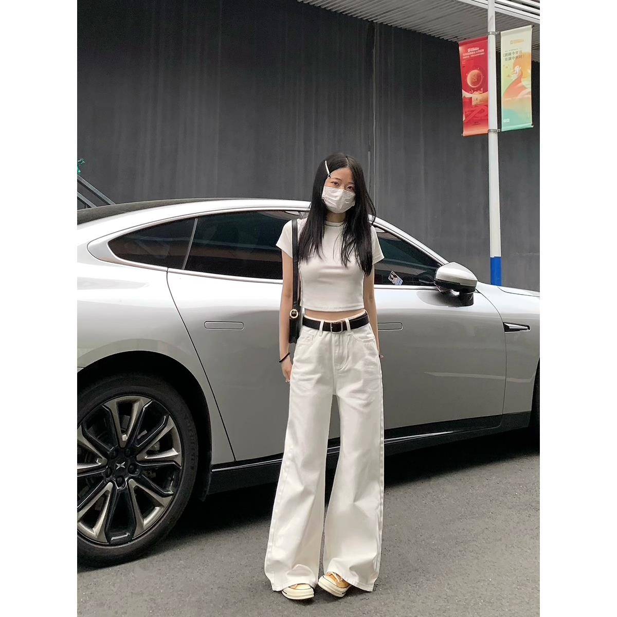 纯哥家白色阔腿牛仔裤女2025年春夏新款高腰宽松显瘦直筒拖地裤子