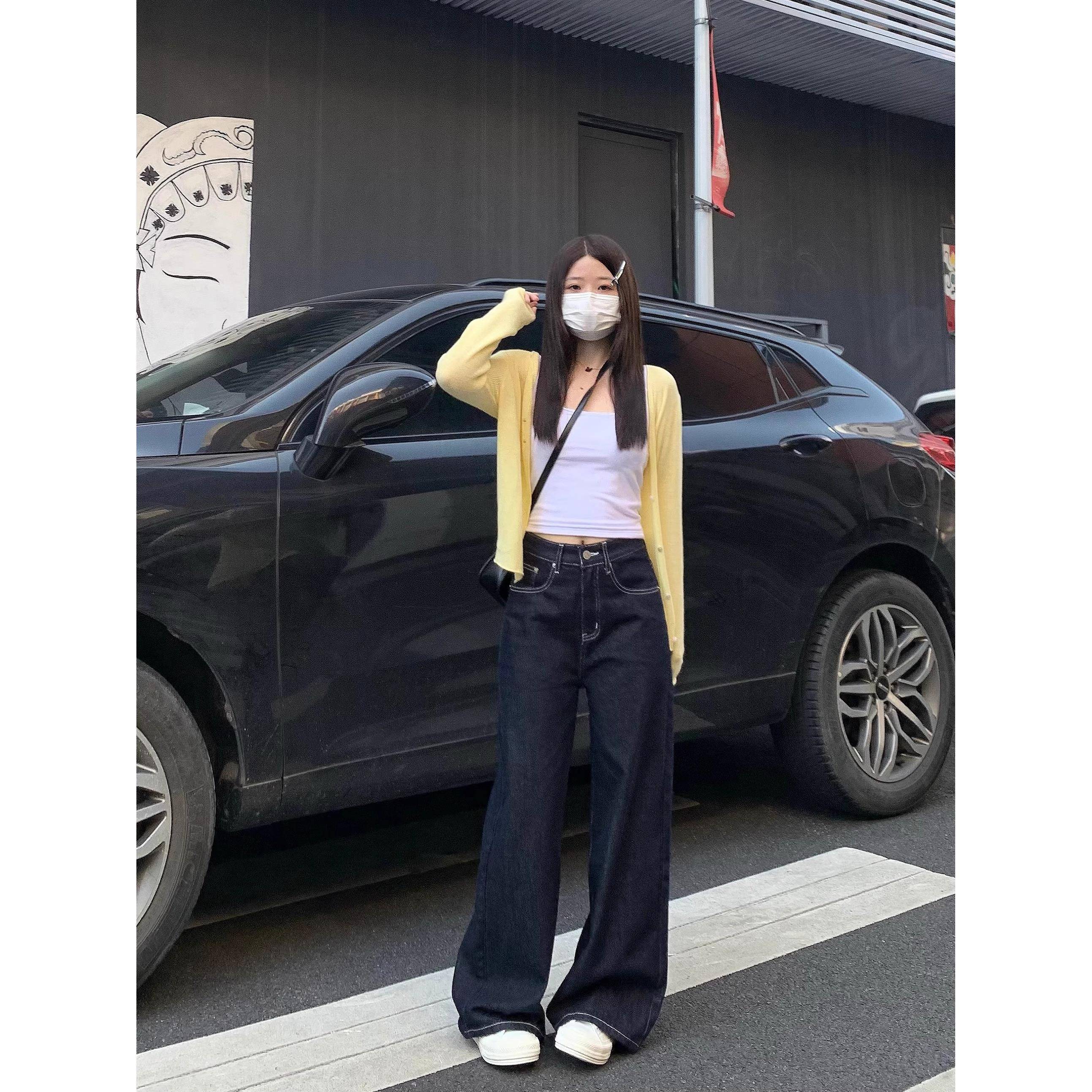 纯哥家深蓝色直筒牛仔裤女2025年春夏新款高腰宽松显瘦垂感阔腿裤